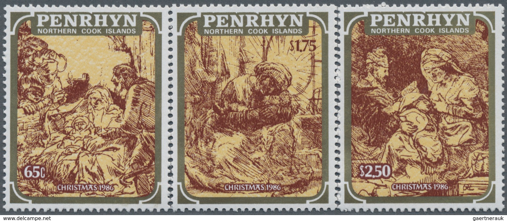 Penrhyn: 1986, Christmas Complete Set Of Three With Different Rembrandt Copperplate Engravings In A - Penrhyn