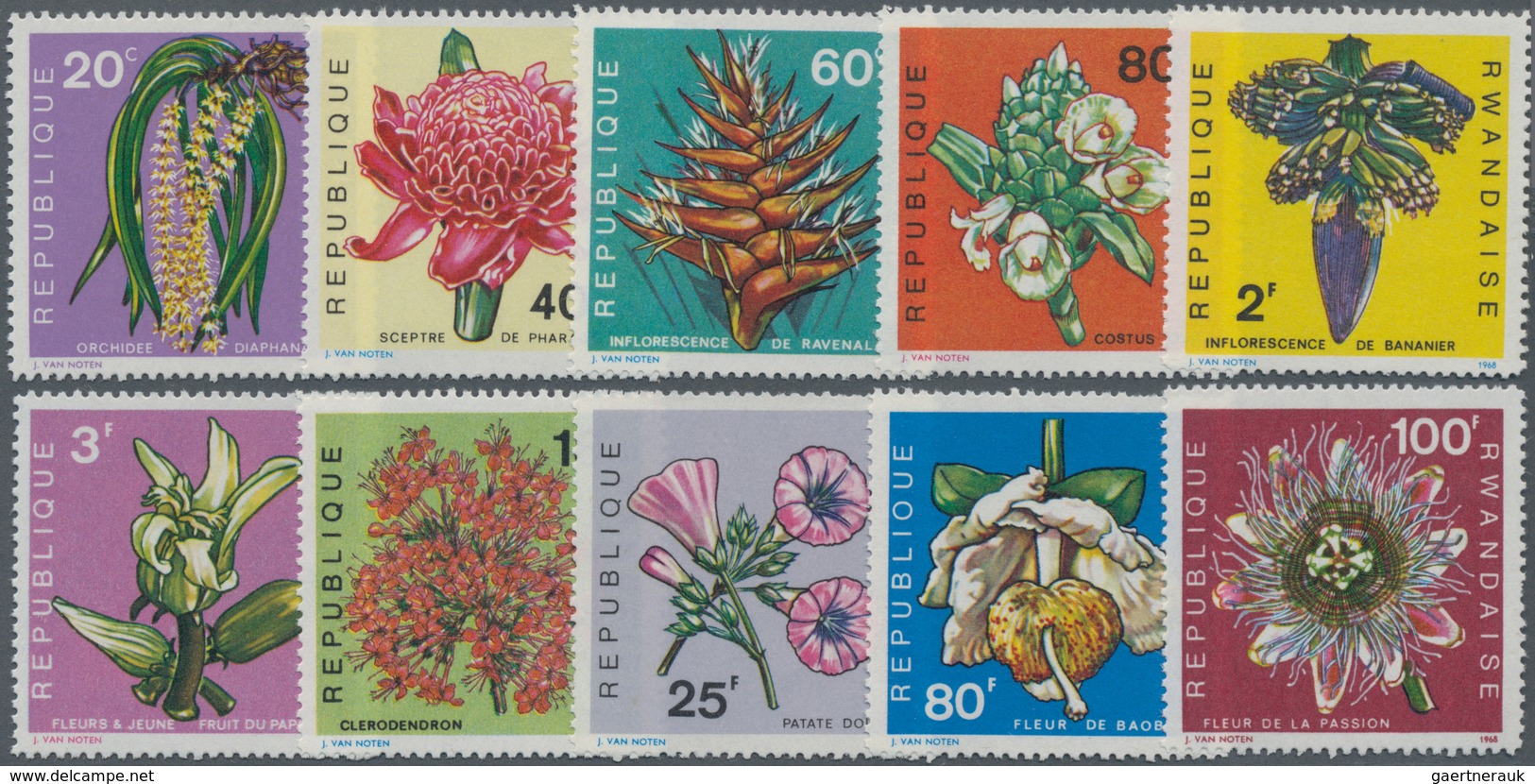 Ruanda: 1968, Flowers Complete Set Of Ten From 20c. To 100fr. In A Lot With About 850 Sets Mostly In - Sonstige & Ohne Zuordnung