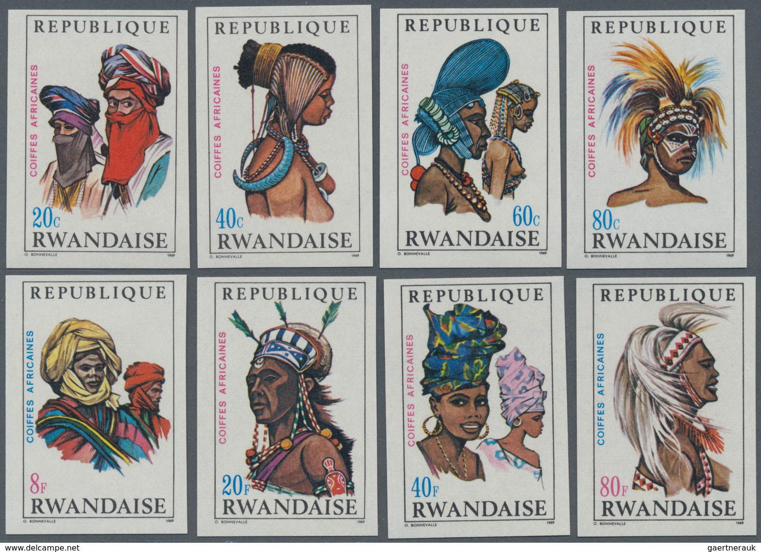 Ruanda: 1969, African Hairstyles And Headgears Complete IMPERFORATE Set Of Eight From 20c. To 80fr. - Sonstige & Ohne Zuordnung