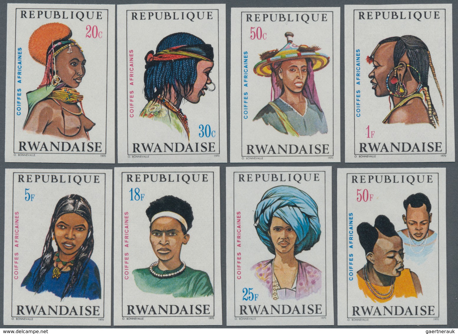 Ruanda: 1971, African Hairstyles And Headgears Complete IMPERFORATE Set Of Eight From 20c. To 50fr. - Sonstige & Ohne Zuordnung