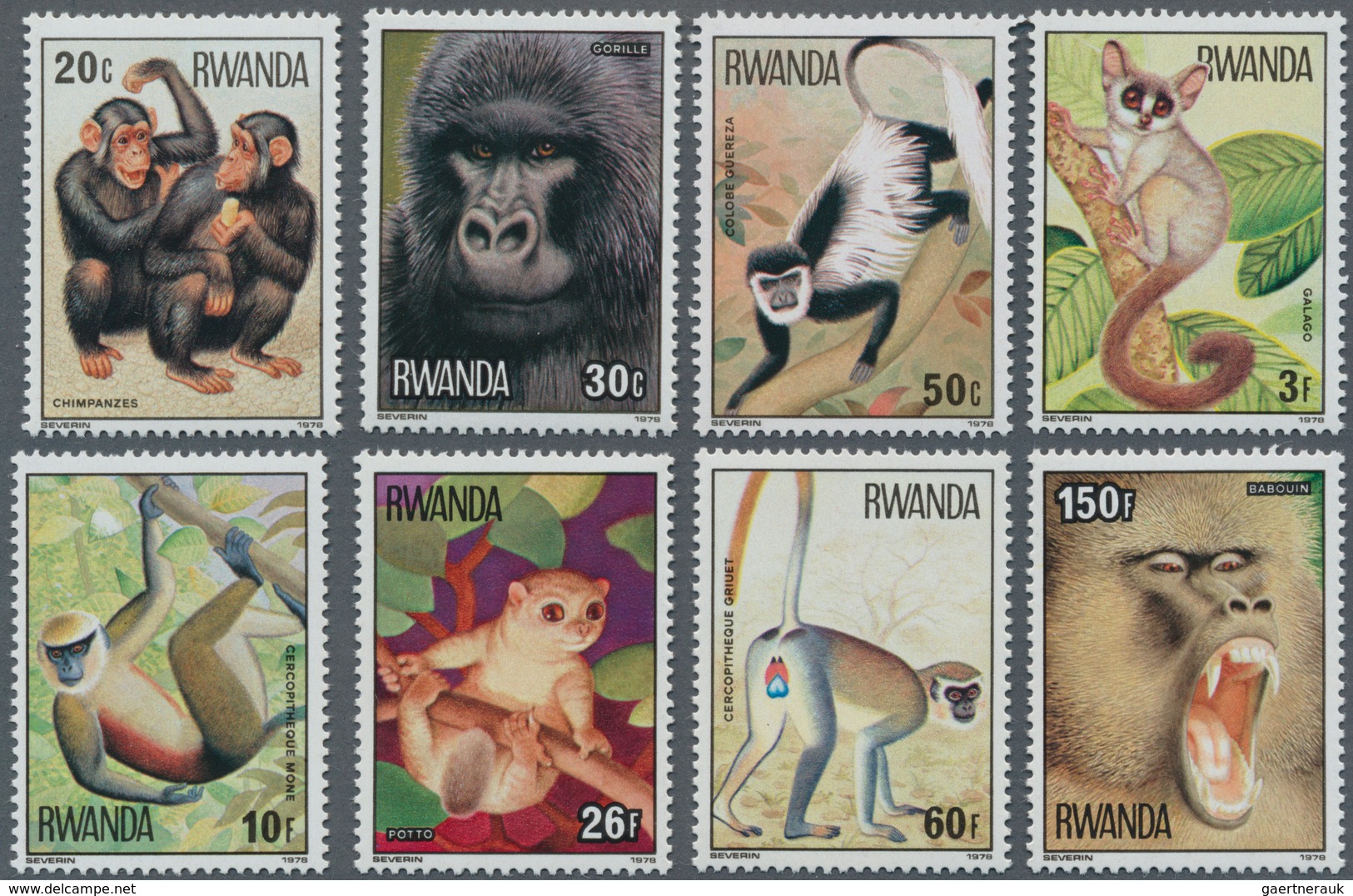 Ruanda: 1978, MONKEYS Complete Set Of Eight From 20c. To 150fr. (chimpanzee, Gorilla, Baboon Etc.) I - Other & Unclassified