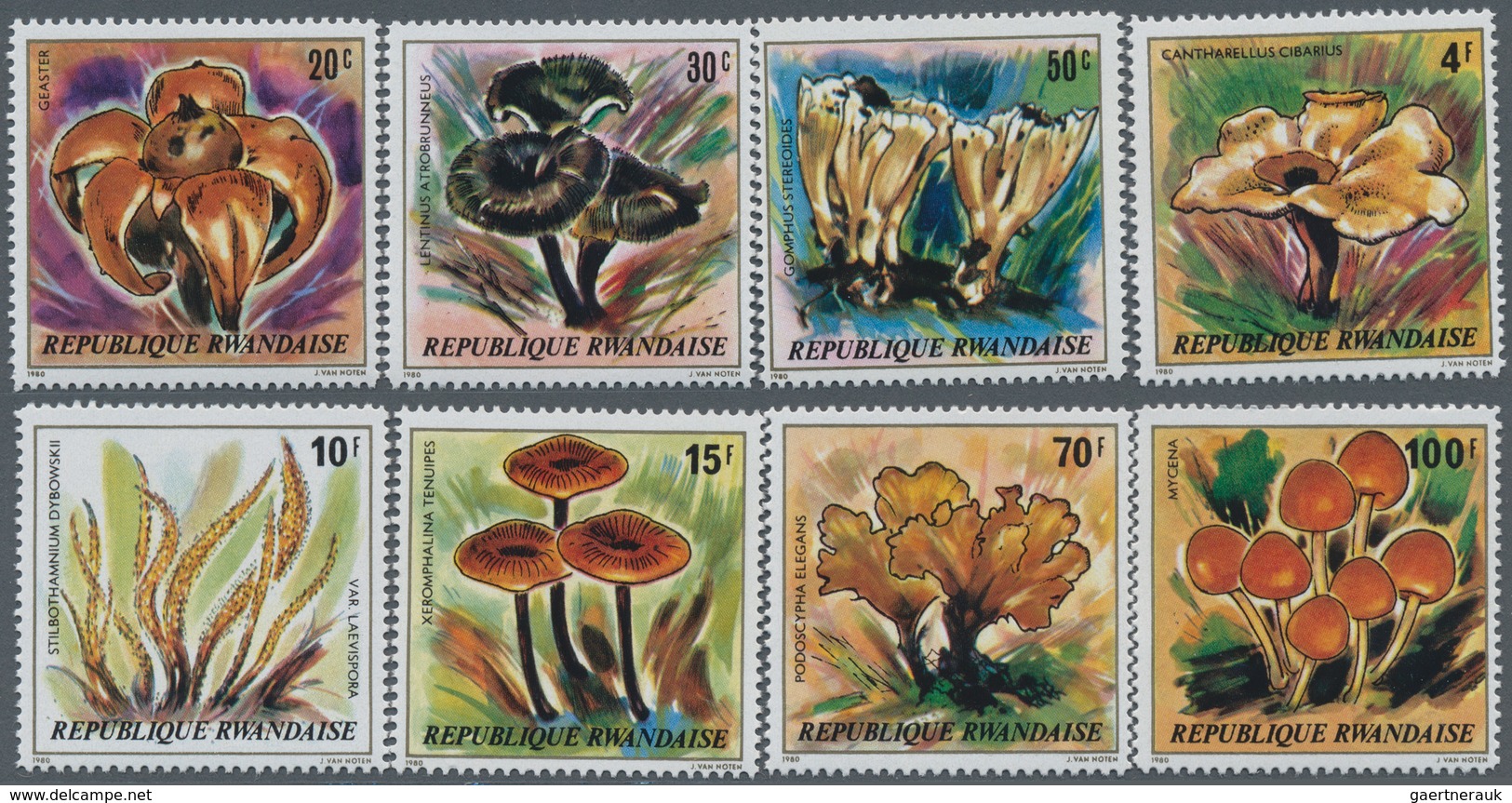 Ruanda: 1980, Mushrooms Complete Set Of Eight From 20c. To 100fr. In A Lot With About 220 Complete S - Sonstige & Ohne Zuordnung