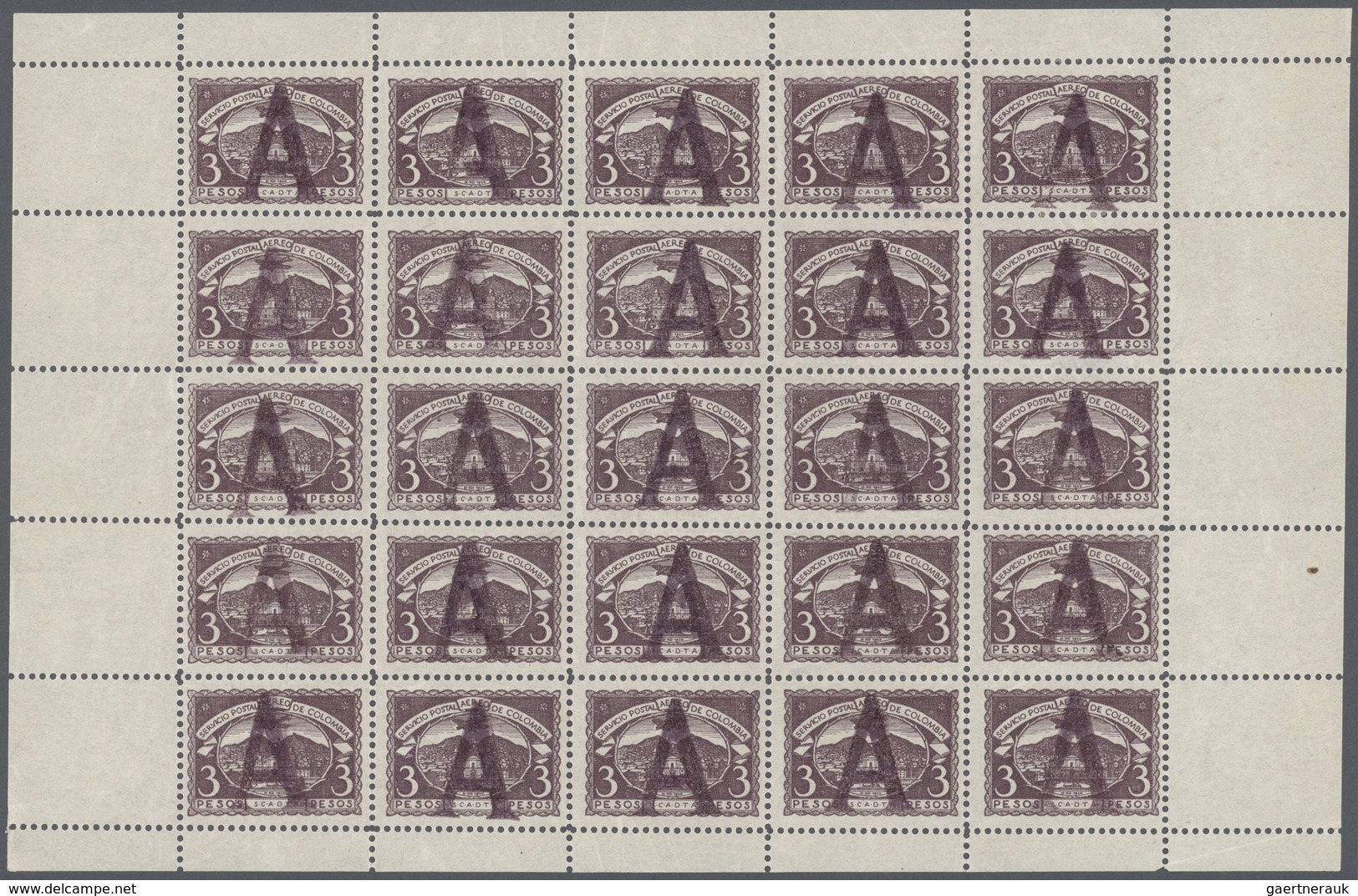 SCADTA - Länder-Aufdrucke: 1923, "A" Handstamp On 1921 3p In Pane Of 25 (2010 Mi # 10, €5000 ++), NH - Vliegtuigen