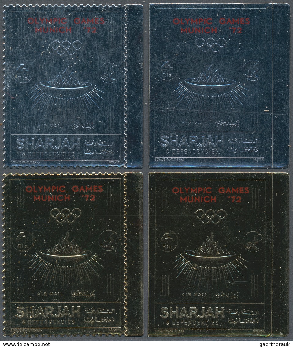 Schardscha / Sharjah: 1972, Summer Olympics Munich 1972 'Olympic Flame And Rings' Gold And Silver Fo - Schardscha