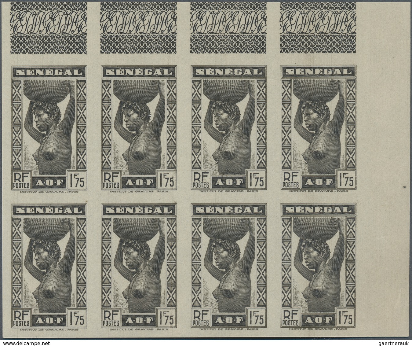 Senegal: 1938, Native Woman 1.75fr. IMPERFORATE ESSAY In Black In A Lot With 38 Stamps In Larger Blo - Sonstige & Ohne Zuordnung