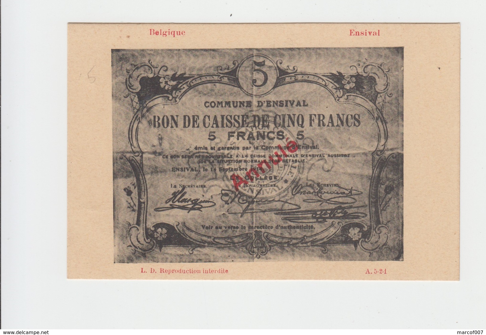 ENSIVAL 1914  - BON DE CAISSE DE 5 FRANC SUR CPA  - VIERGE - Andere & Zonder Classificatie