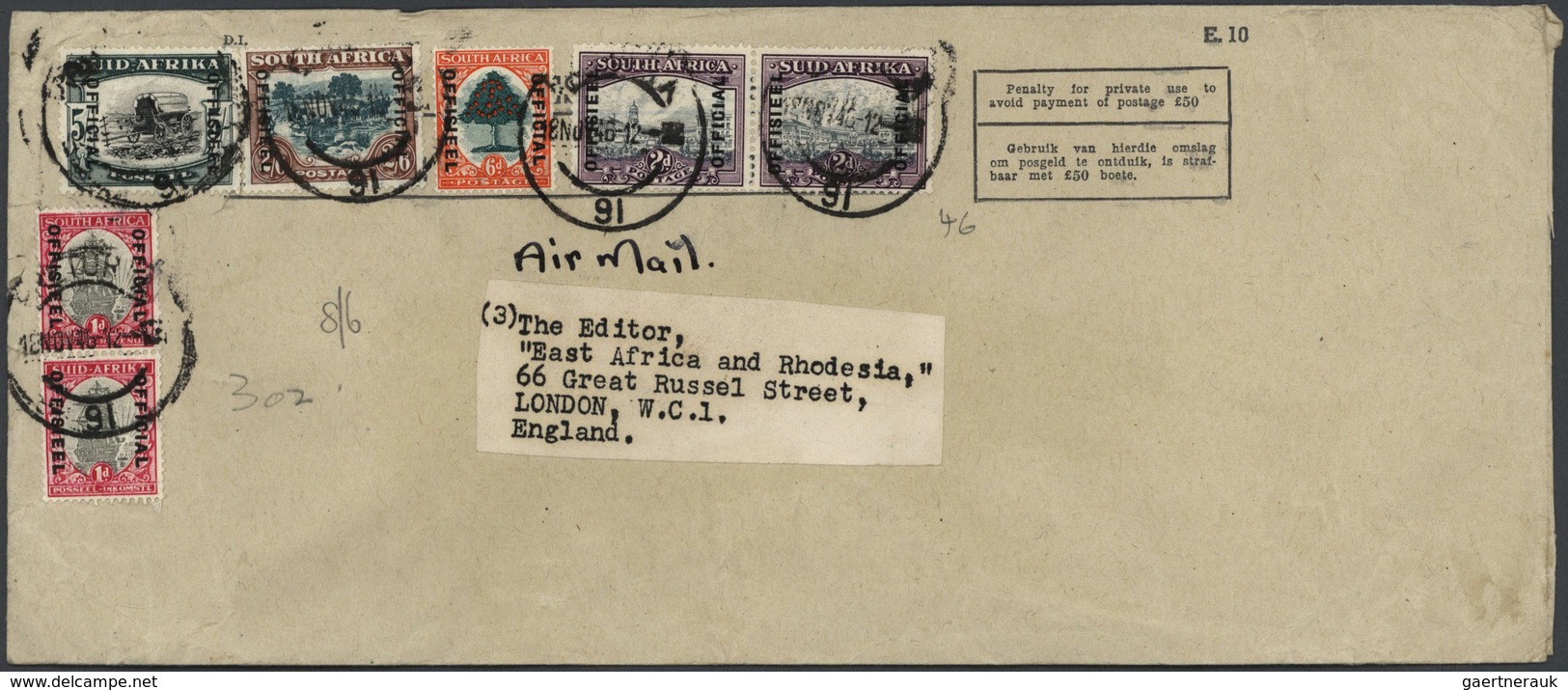 Südafrika - Dienstmarken: 1941/47, Covers (7 Inc. 4 By Air Mail) All Used To The Editor, "East Afric - Dienstmarken