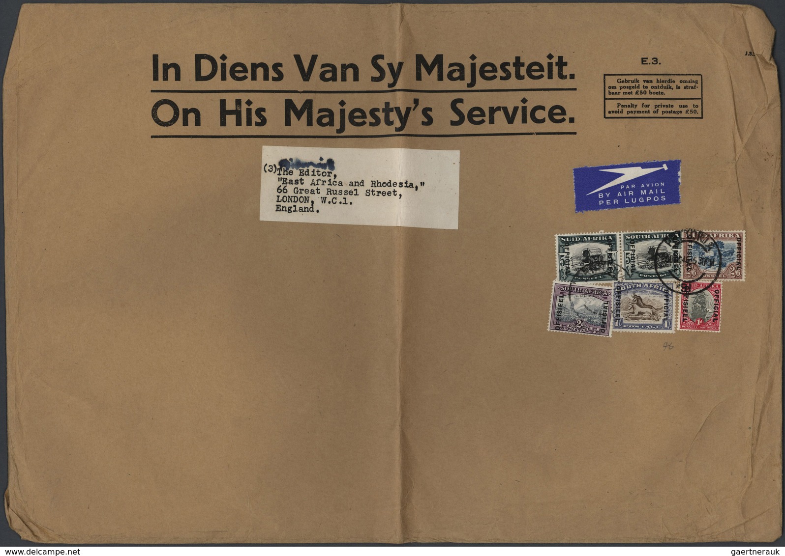 Südafrika - Dienstmarken: 1941/47, Covers (7 Inc. 4 By Air Mail) All Used To The Editor, "East Afric - Dienstmarken