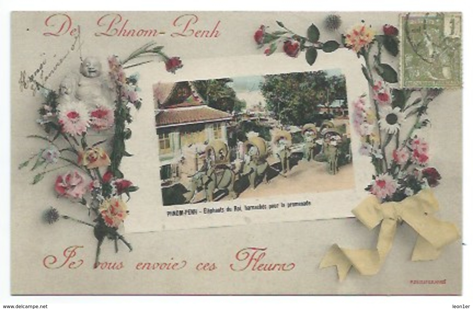 ASIE - VIETNAM - "De PHNOM-PENH, Je Vous Envoie Ces Fleurs" - Eléphants Du Roi, Harnachés Pour La Promenade - CPA - Vietnam