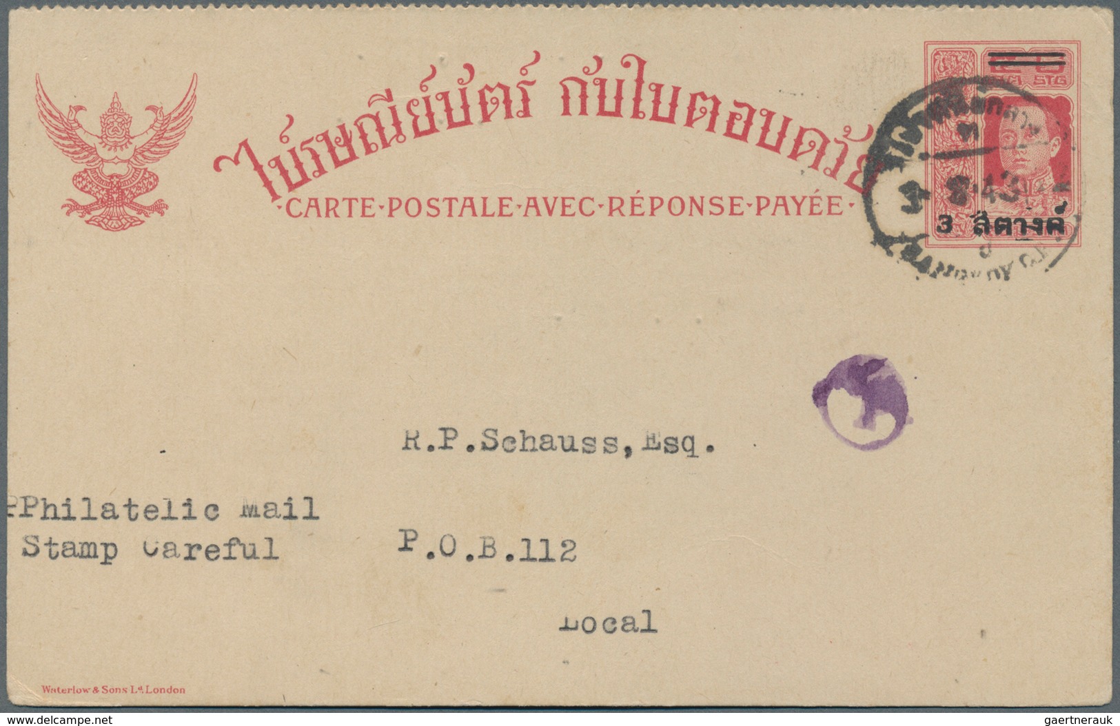 Thailand: 1920/1947, Lot Of 26 Entires: Three Stationery Cards Incl. Unlisted Surcharge, Used Reply - Thailand