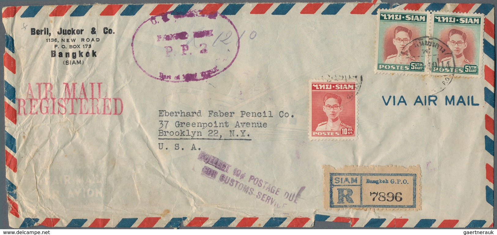 Thailand: 1937-66 Four Covers To The U.S.A. Including 1950 Registered And Censored Cover Franked By - Thailand