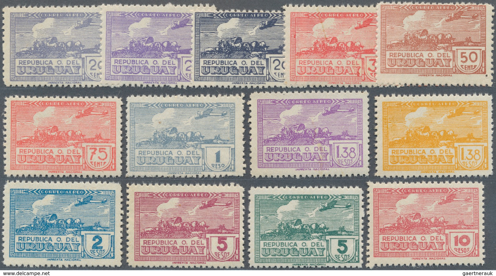 Uruguay: 1939/1944, Airmails ‚airplane Over Bullock Carriage‘ Complete Set Of 13 In A Lot With 30 Se - Uruguay