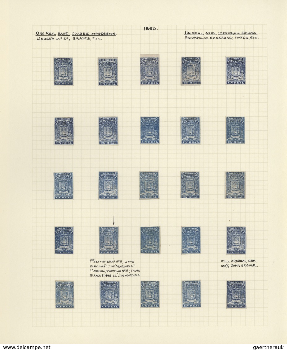 Venezuela: 1859/1860, Specialised Collection Of The 1r. Blue, Neatly Arranged On Written Up Pages Wi - Venezuela