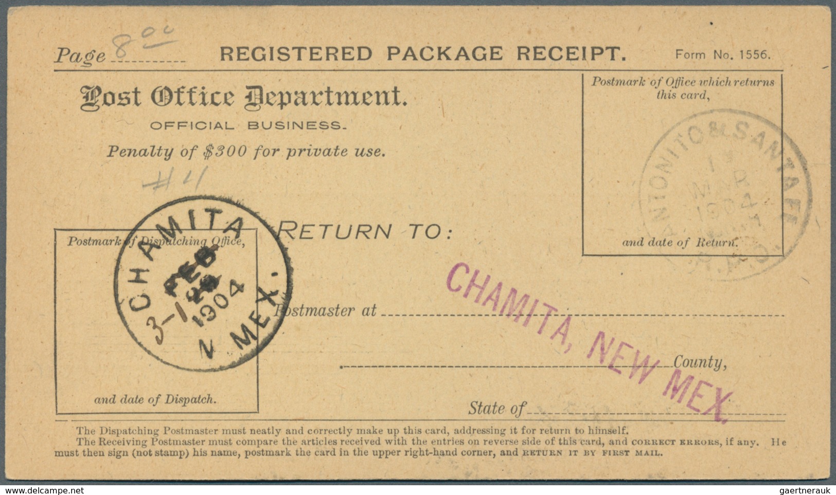 Vereinigte Staaten Von Amerika: 1902-1904, Registered Package Receipt Cards With Good New Mexico Can - Briefe U. Dokumente