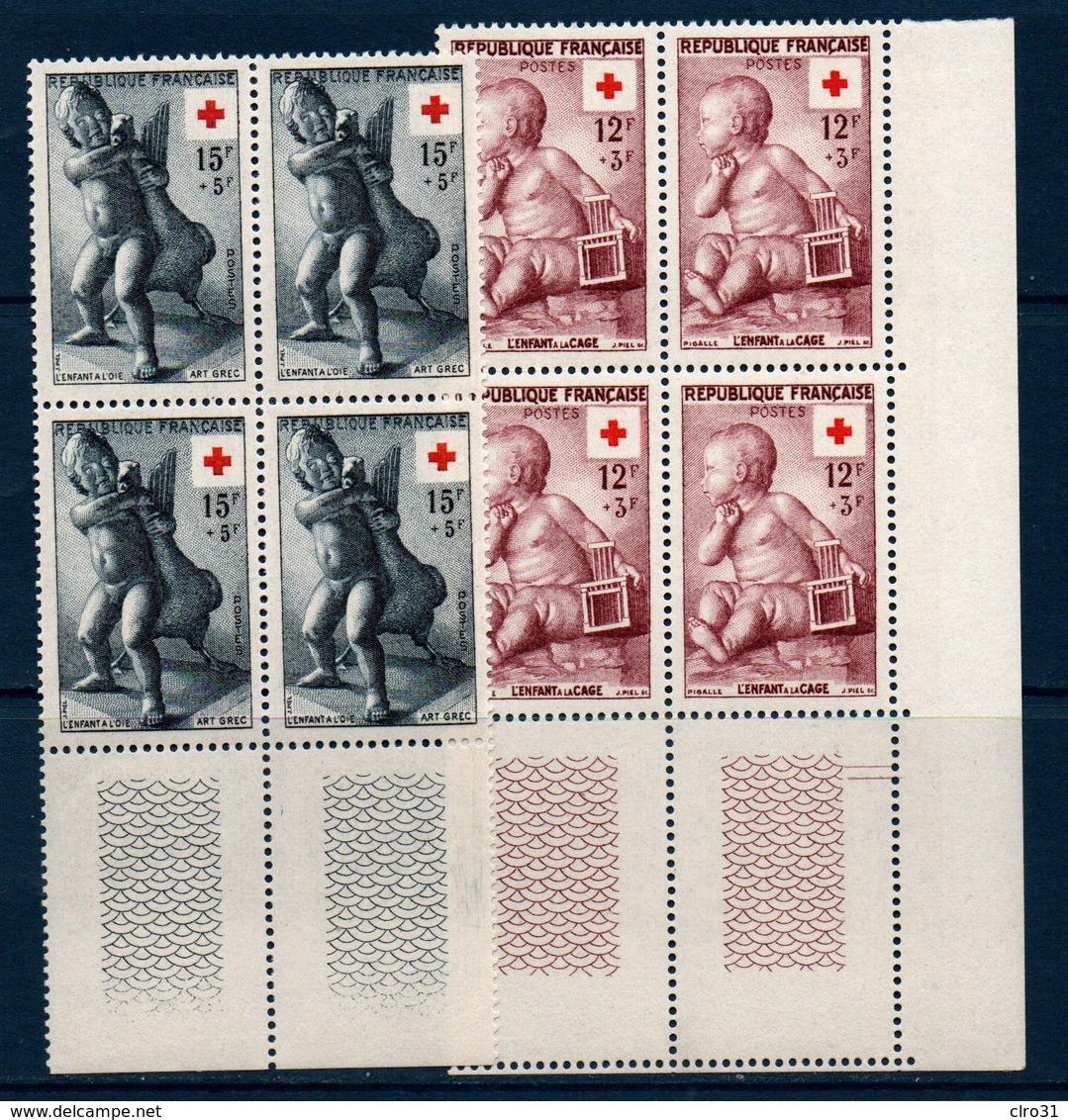 FR 1955  Au Profit De La Croix-Rouge N° YT 1048-1049 ** MNH En Bloc De 4 Coin De Feuille - Ungebraucht