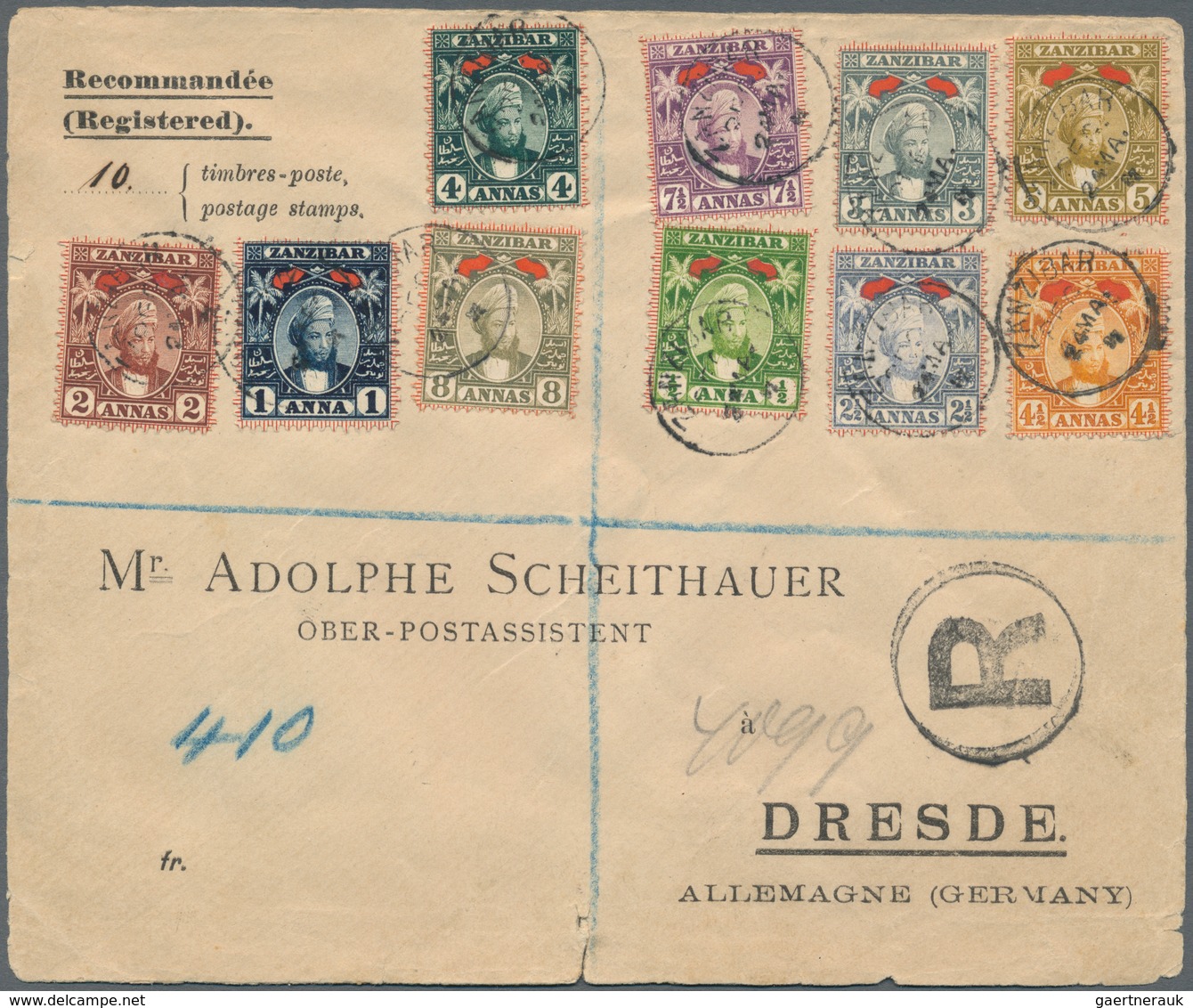 Zanzibar: 1896, Sultan Hamid ½ A To 5 Rupees (Mi. 25-39), Complete Set On Six Registered-letters All - Zanzibar (...-1963)