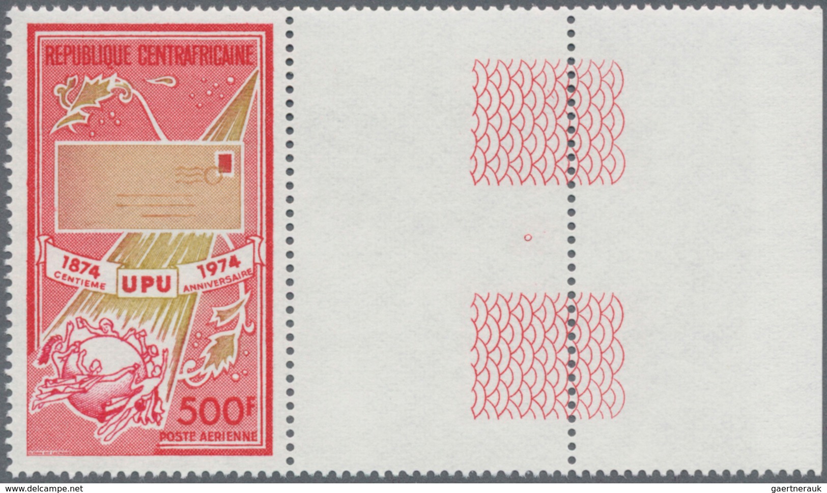 Zentralafrikanische Republik: 1974, 100 Years Of World Postal Union (UPU) 500fr. Showing Letter And - Zentralafrik. Republik