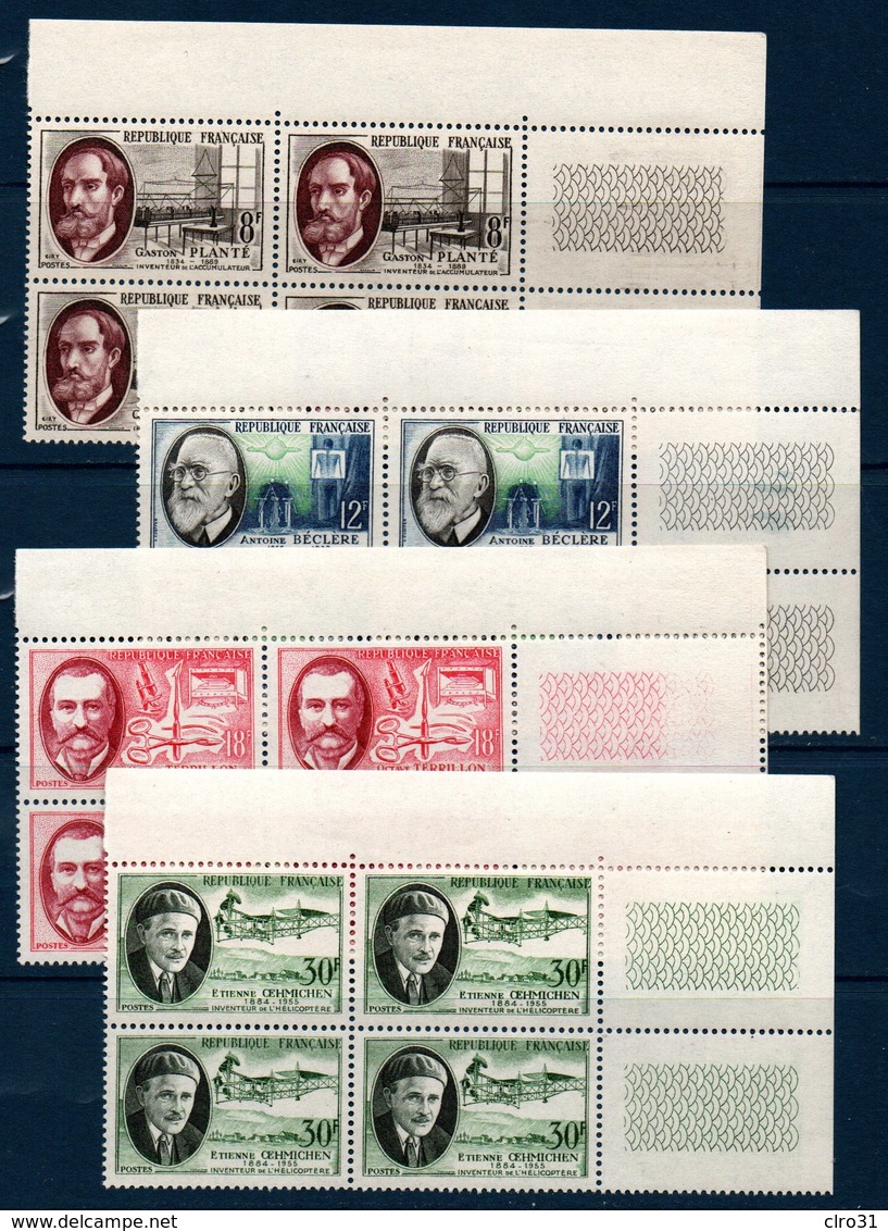 FR 1957  Savants Et Ingénieurs  N° YT 1095-1098  ** MNH En Bloc De 4 Coin De Feuille - Neufs