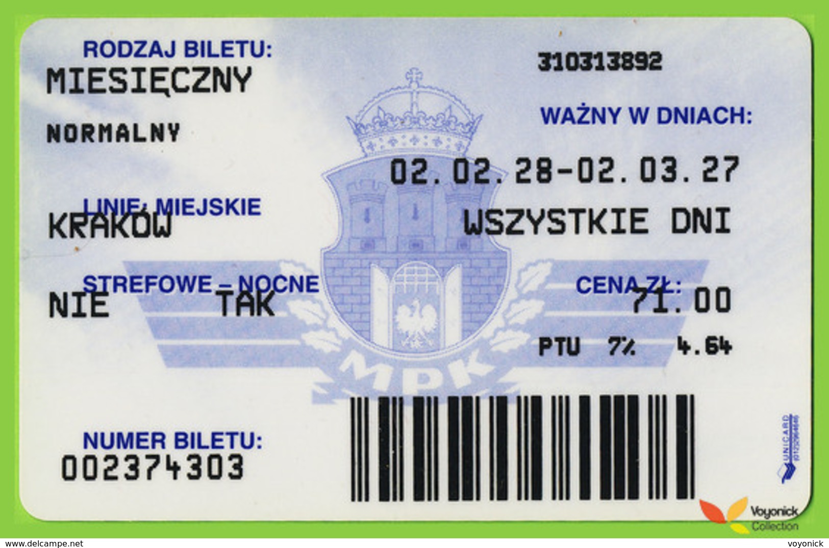 Voyo POLAND CRACOW Monthly Ticket  BRIDGE POWSTANCOW SL. 2002 Plastic Card - Europa