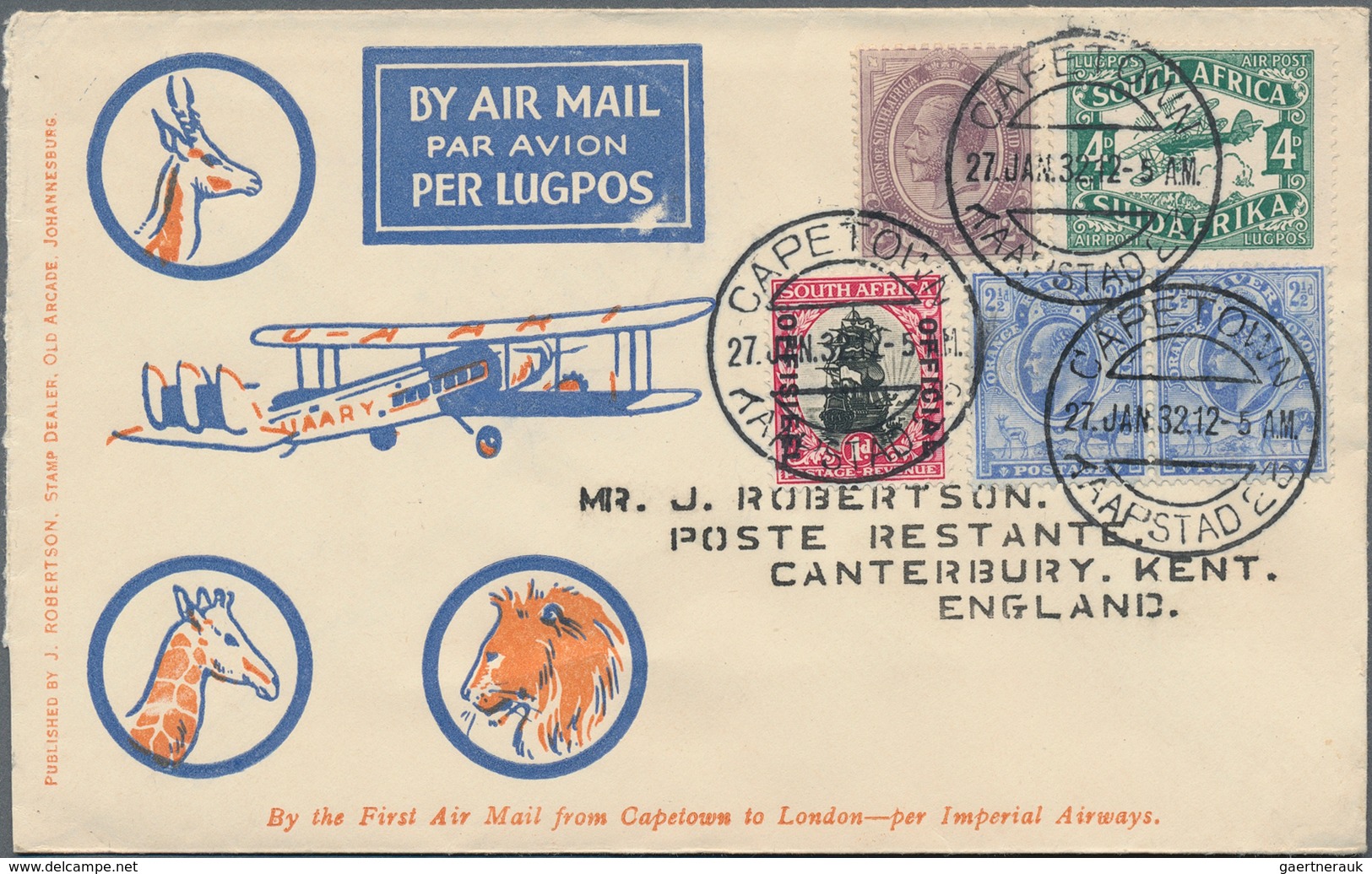 Flugpost Übersee: 1932/1939, Group Of Five Airmail Cover (incl. Four 1st Flights): Capetown 27.1.32 - Other & Unclassified