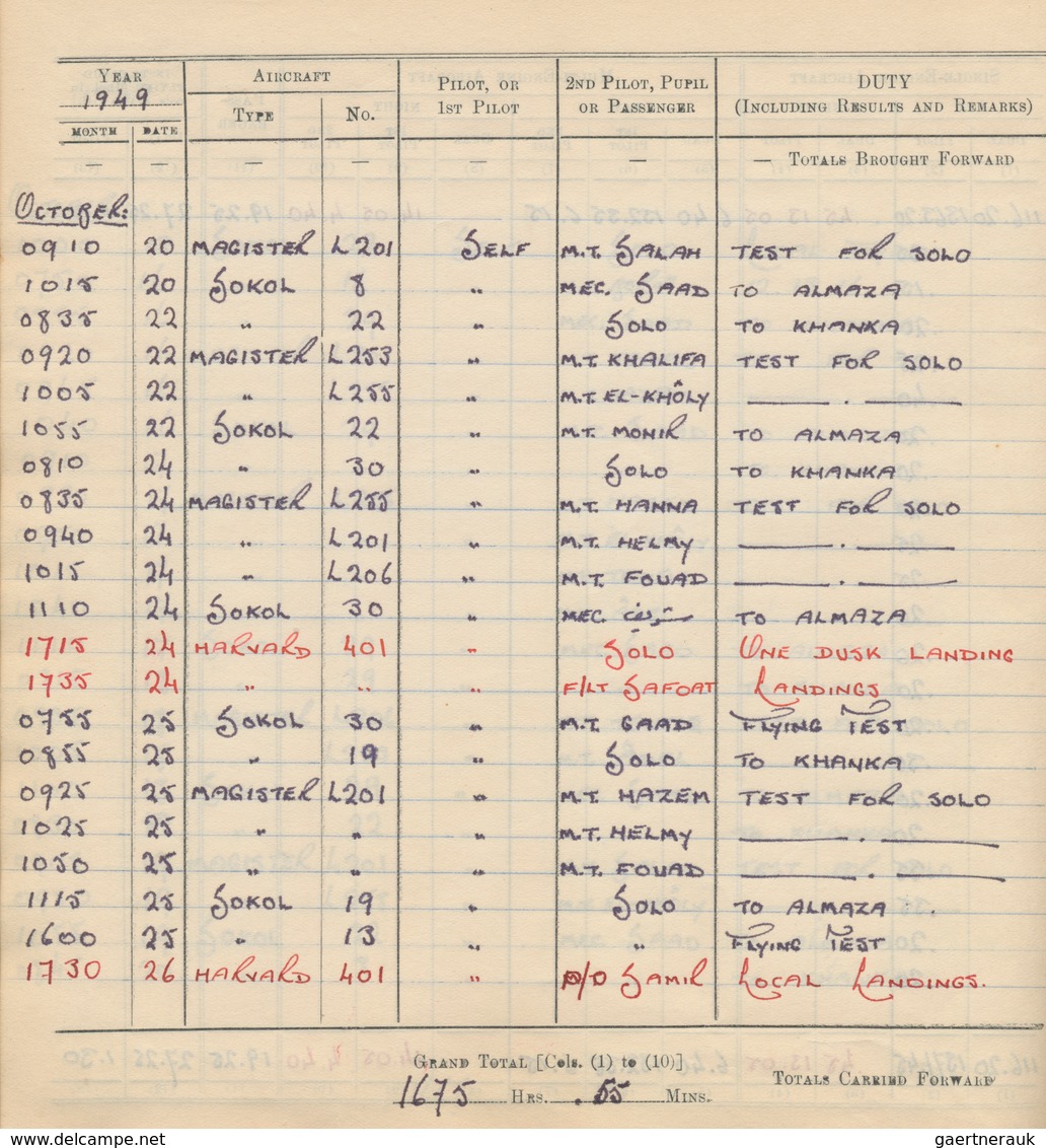 Flugpost Übersee: 1948/1965, ROYAL EGYPTIAN PILOT'S FLYING LOG BOOK, Flying Log Book From Flight Lie - Sonstige & Ohne Zuordnung