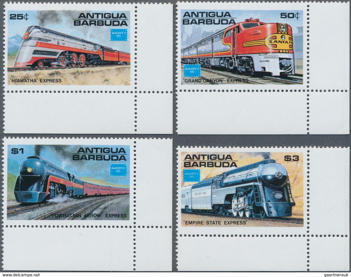 Thematik: Eisenbahn / Railway: 1986, ANTIGUA & BARBUDA: Ameripex Stamp Exhibition Complete Set Of Fo - Eisenbahnen