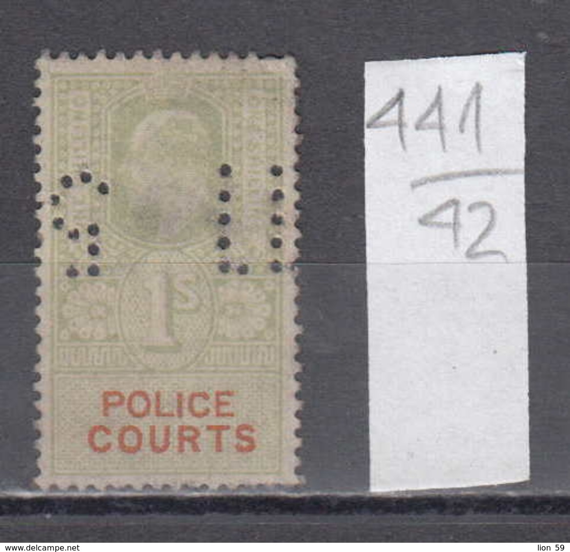 42K441 / POLICE COURTS 1 S.  , Perfin Perfores Perforiert , Revenue Fiscaux , Great Britain Grande-Bretagne - Perfins