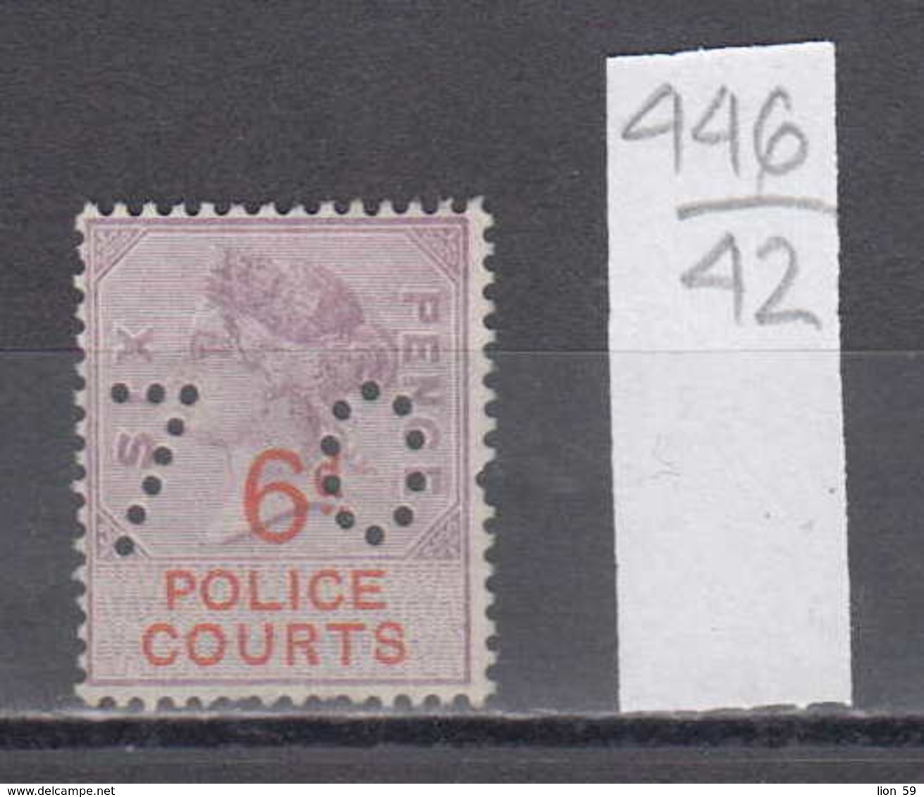 42K446 / POLICE COURTS  6 D .  , Perfin Perfores Perforiert , Revenue Fiscaux , Great Britain Grande-Bretagne - Perforés