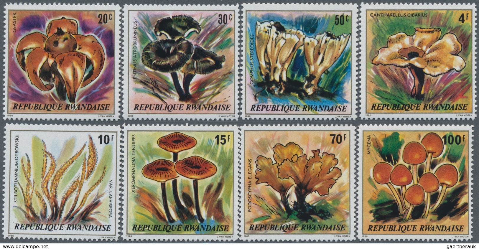 Thematik: Pilze / Mushrooms: 1980, RWANDA: Mushrooms Complete Set Of Eight From 20c. To 100fr. In A - Mushrooms