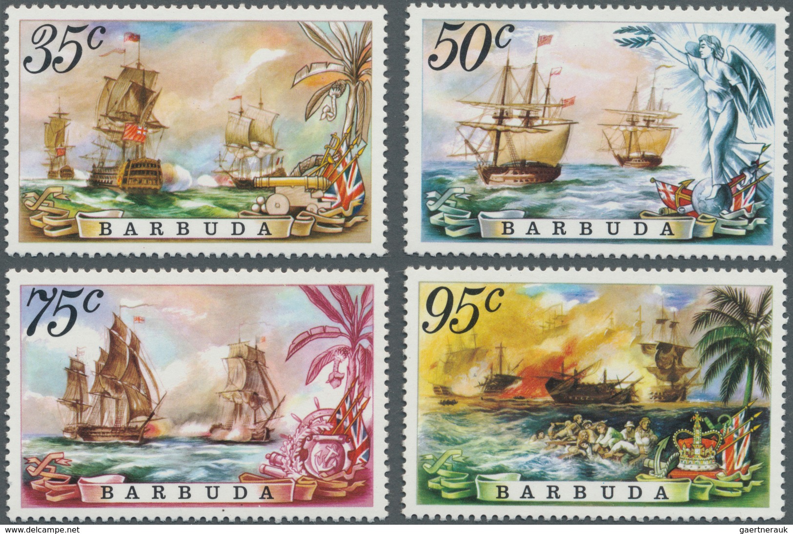 Thematik: Schiffe / Ships: 1975, BARBUDA: Naval Battles Complete Set Of Four With Different Battle S - Schiffe