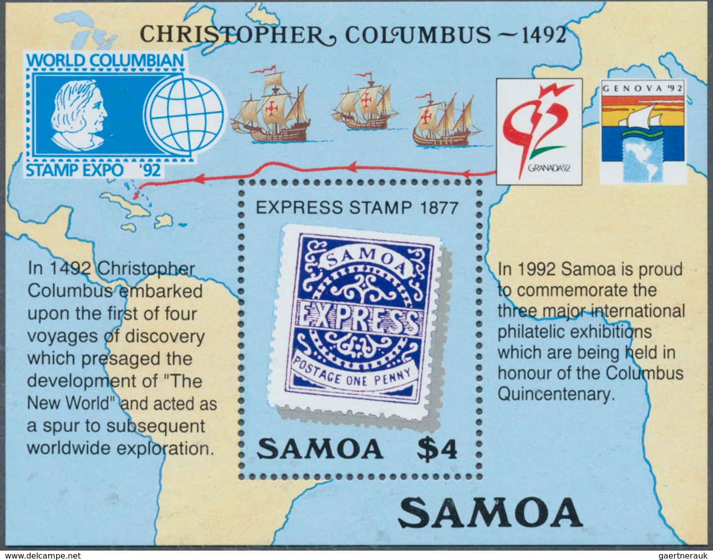 Thematik: Seefahrer, Entdecker / Sailors, Discoverers: 1992, SAMOA: 500 Years Discovery Of America L - Erforscher