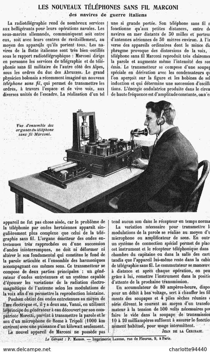 LES NOUVEAUX TELEPHONES SANS FIL  " MARCONI " Des NAVIRES DE GUERRE ITALIENS  1915 - Other & Unclassified