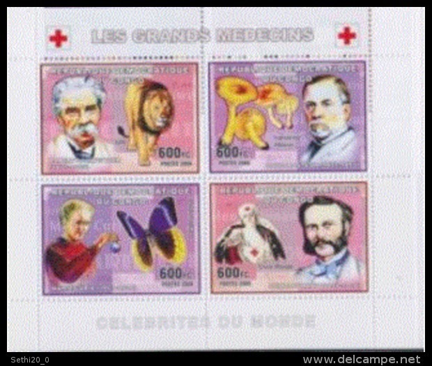 Congo 2006 Nobel Red Cross Croix Rouge DUNANT Albert SCHWEITZER Louis Pasteur Marie CURIE Lion Papillon Champignon MNH - Nobel Prize Laureates