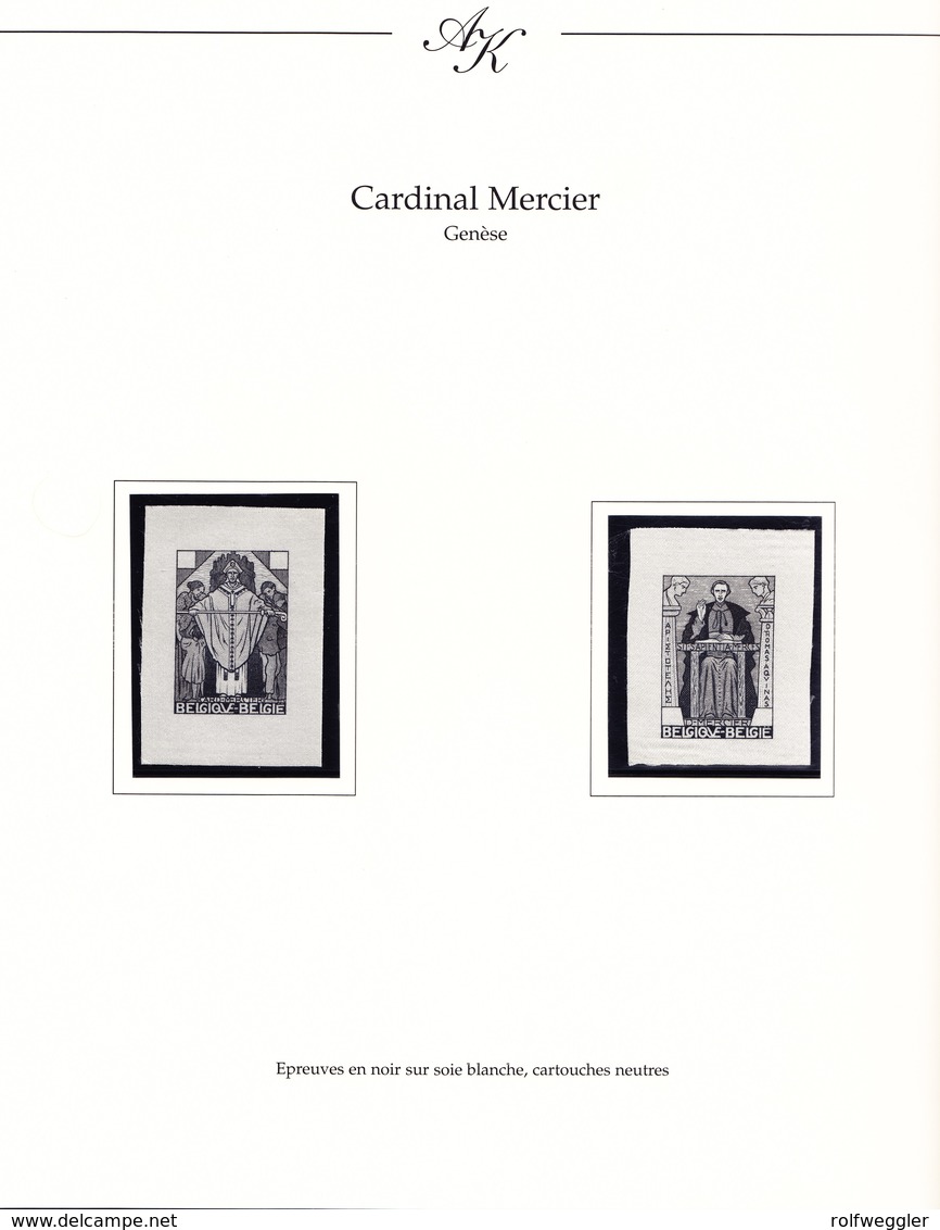 1932 Cardinal Mercier; Schwarze Probedrucke Auf Seide Gedruckt; Drei Einzelabzüge Auf Sammlungsblätter Aufgezogen - Proeven & Herdruk