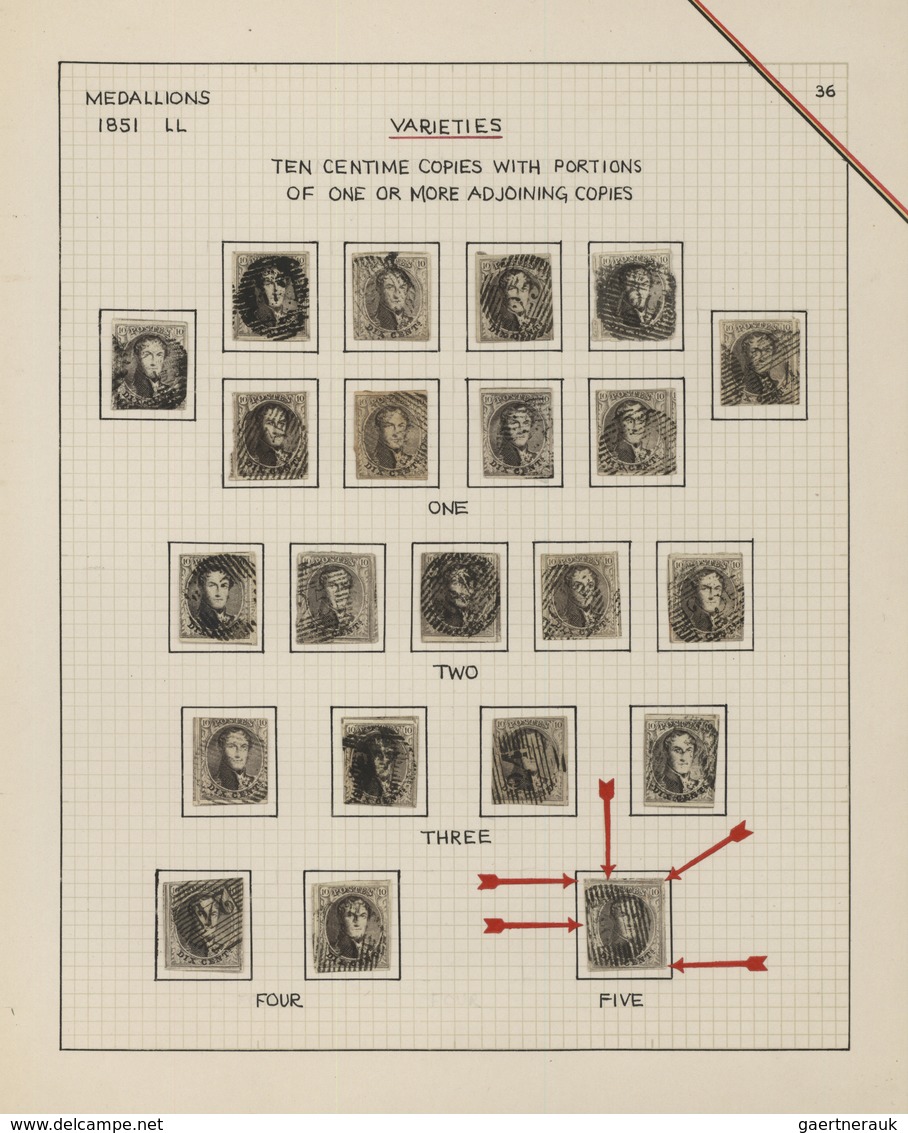 Belgien: 1851/1854, 10c. Brown, Group Of 22 Used Copies With Parts Of 1-2-3-4-5 Adjoining Stamps, Ot - Sammlungen