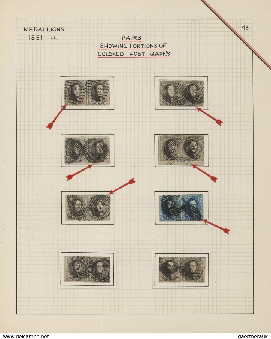 Belgien: 1851/1854, 10c. Brown And 20c. Blue, Study Of 36 Used Pairs (horiz. And Vertical), Fresh Co - Sammlungen