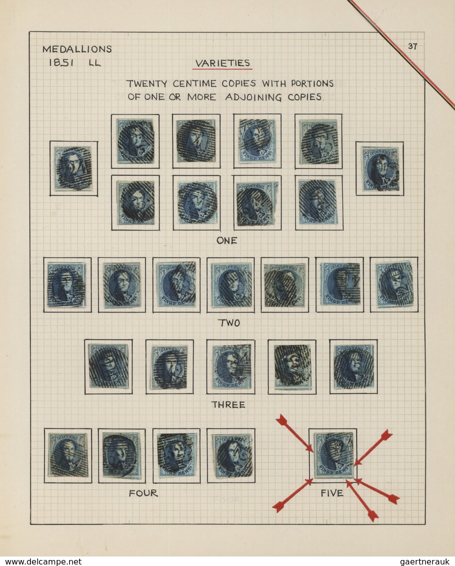 Belgien: 1851/1854, 20c. Blue, Group Of 27 Used Copies With Parts Of 1-2-3-4-5 Adjoining Stamps, Oth - Sammlungen