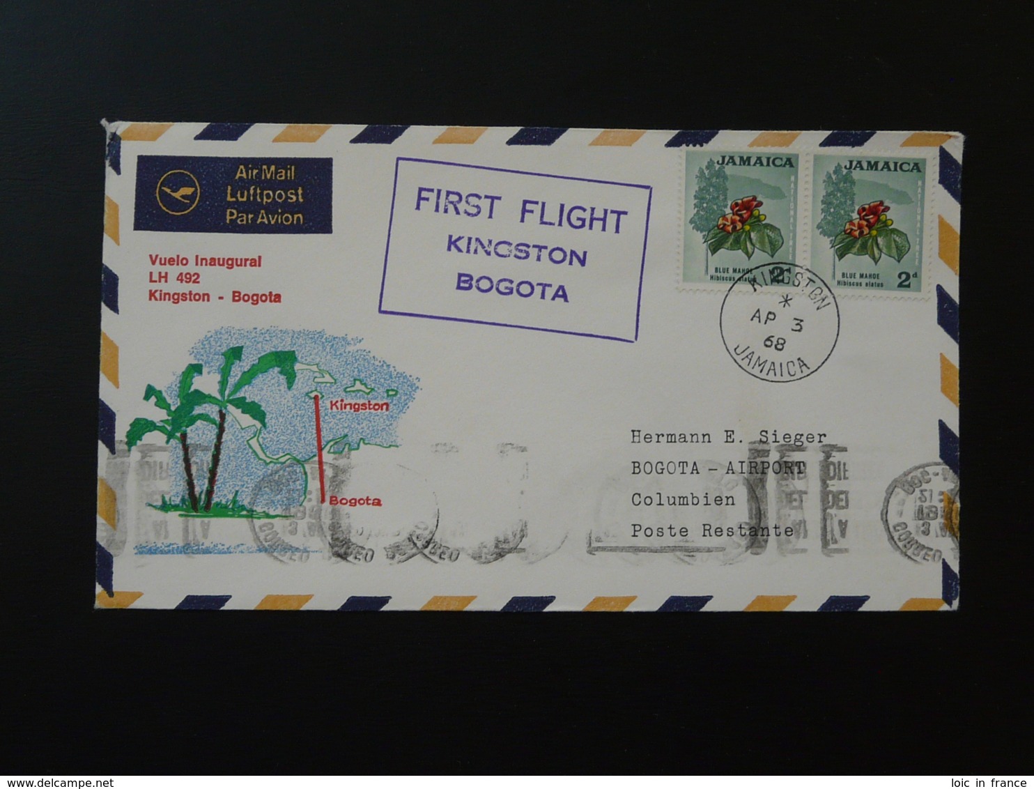 Lettre Premier Vol First Flight Cover 1968 Kingston Jamaica --> Bogota Colombie Lufthansa (ref 90946) - Jamaique (1962-...)