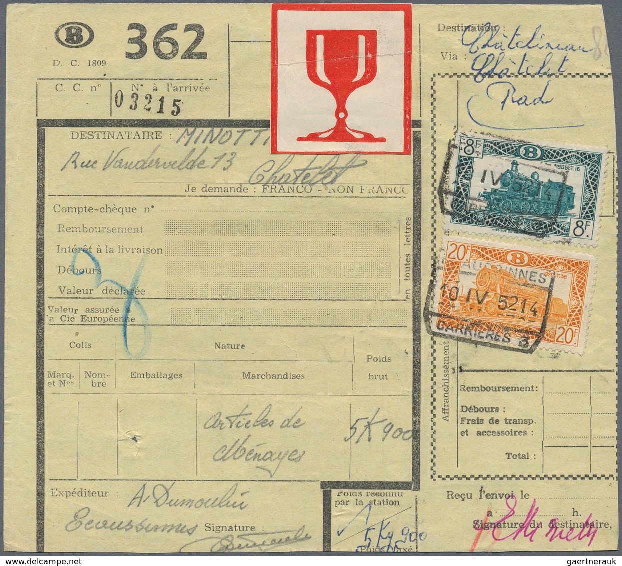 Belgien - Eisenbahnpaketmarken: 1919/1956 (ca.), Bestand Mit Ca. 115 Frachtbriefen Frankiert Mit Mei - Gepäck [BA]