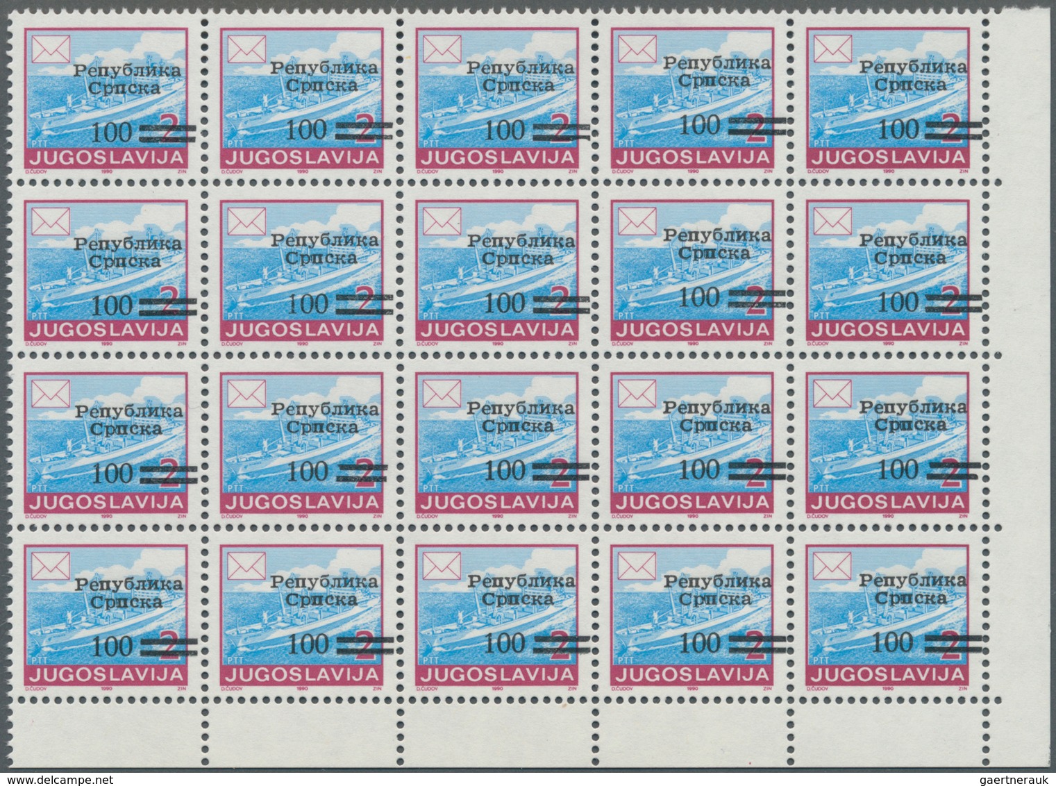 Bosnien Und Herzegowina - Serbische Republik: 1992, Yugoslavia Stamp 100 On 2din. Perf. 12½ In A Lot - Bosnia And Herzegovina
