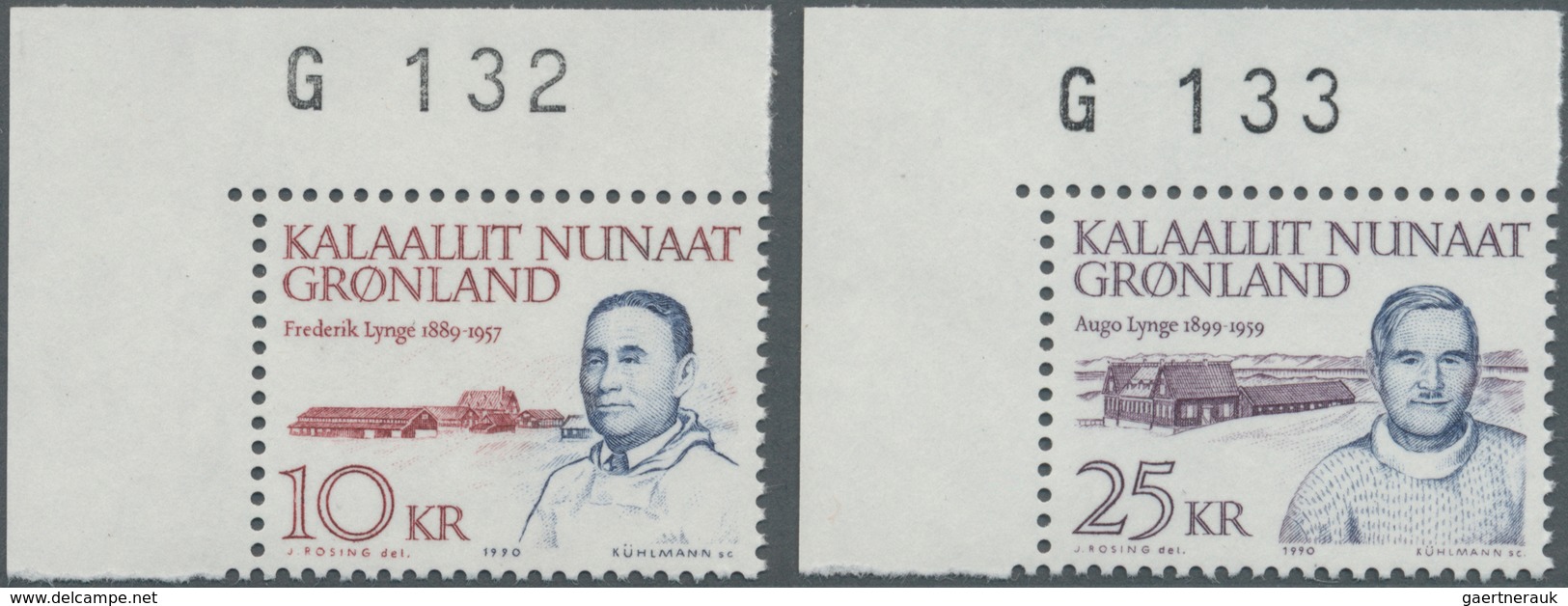 Dänemark - Grönland: 1990, Politicans Complete Set Of Two 10kr. ‚Frederik Lynge‘ And 25kr. ‚Augo Tel - Briefe U. Dokumente