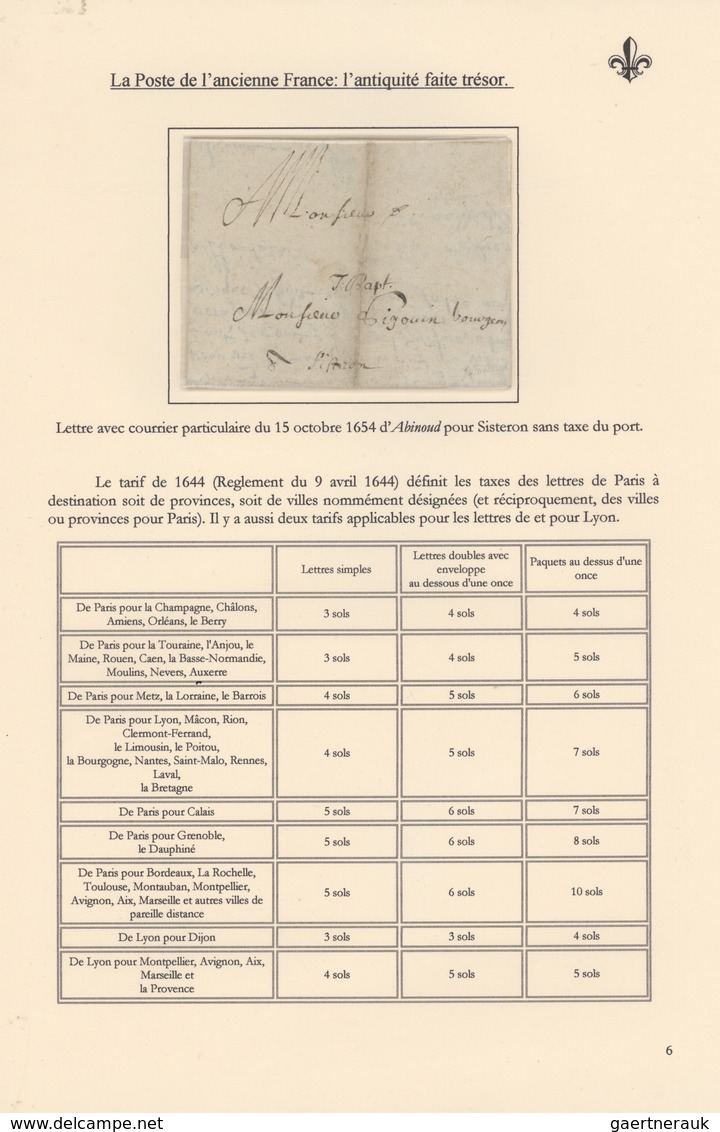 Frankreich - Vorphilatelie: 1604/1690 (ca): 15 pages/1 frame exhibit "La Poste de l'ancienne France: