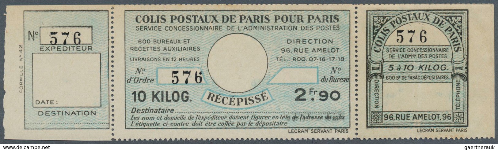 Frankreich - Postpaketmarken: PARCEL POST PARIS: 1930, Three-part Coupon 'COLIS POSTAUX DE PARIS POU - Sonstige & Ohne Zuordnung