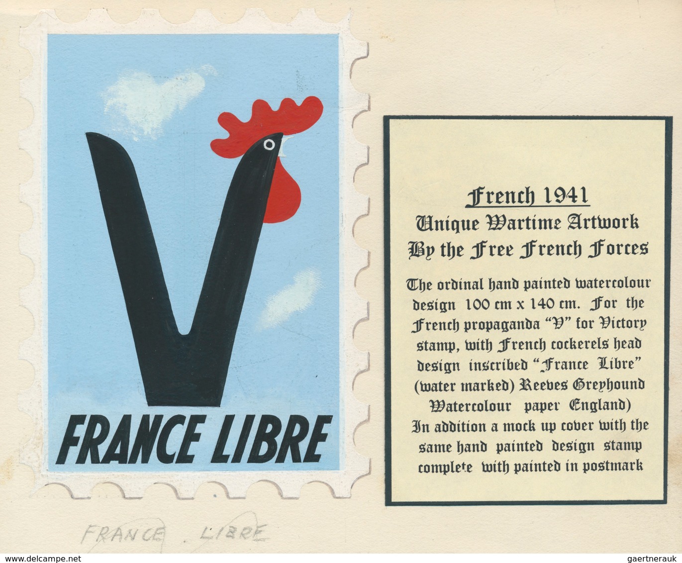 Frankreich - Besonderheiten: 1944 (ca.), "FRANCE LIBRE" Cock + V Letter Label, Artists Design Paint - Sonstige & Ohne Zuordnung