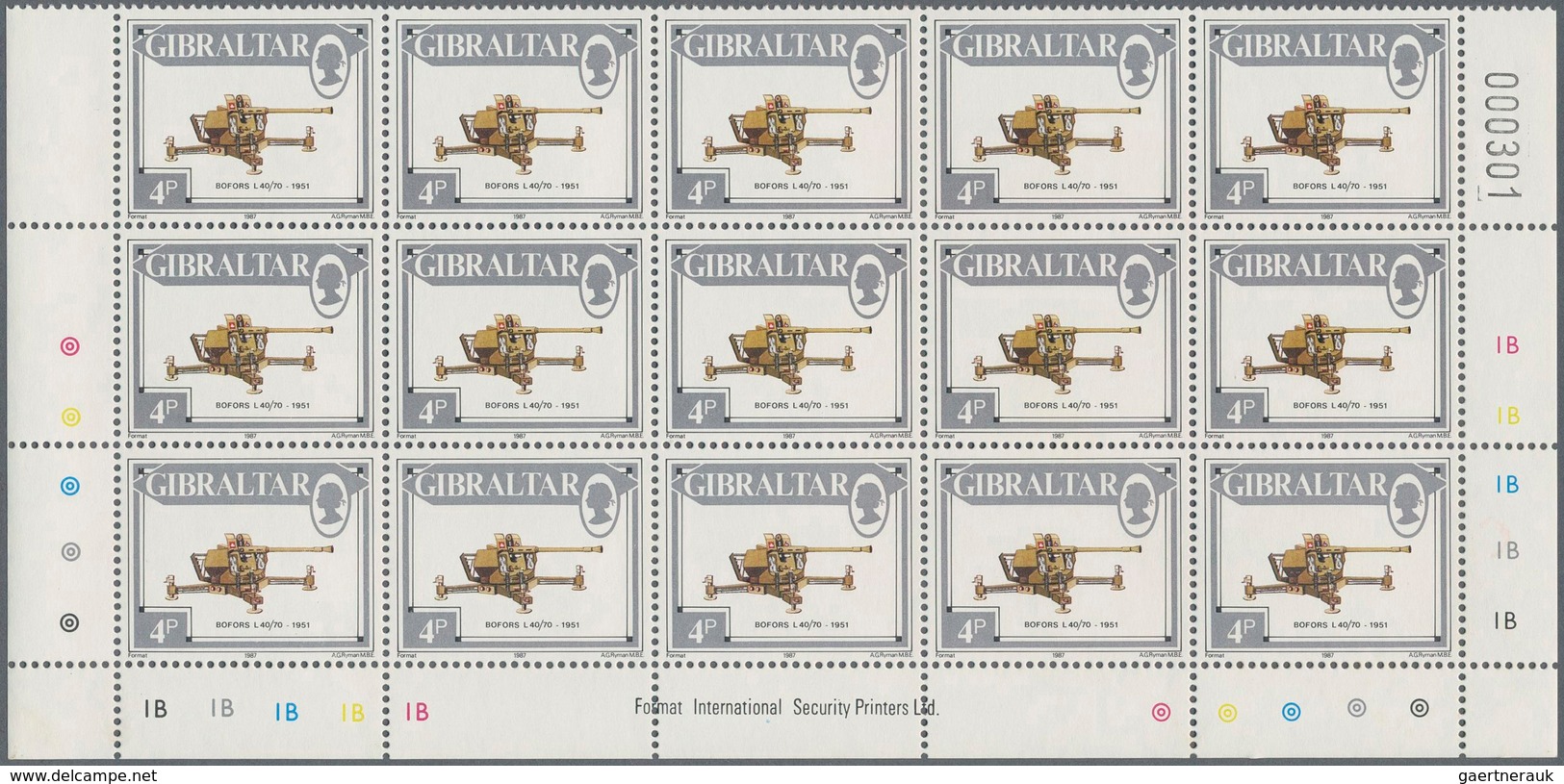 Gibraltar: 1987. Lot of 1,000 complete definitives set CANNONS (13 values). Mint, NH. (Michel 32,000