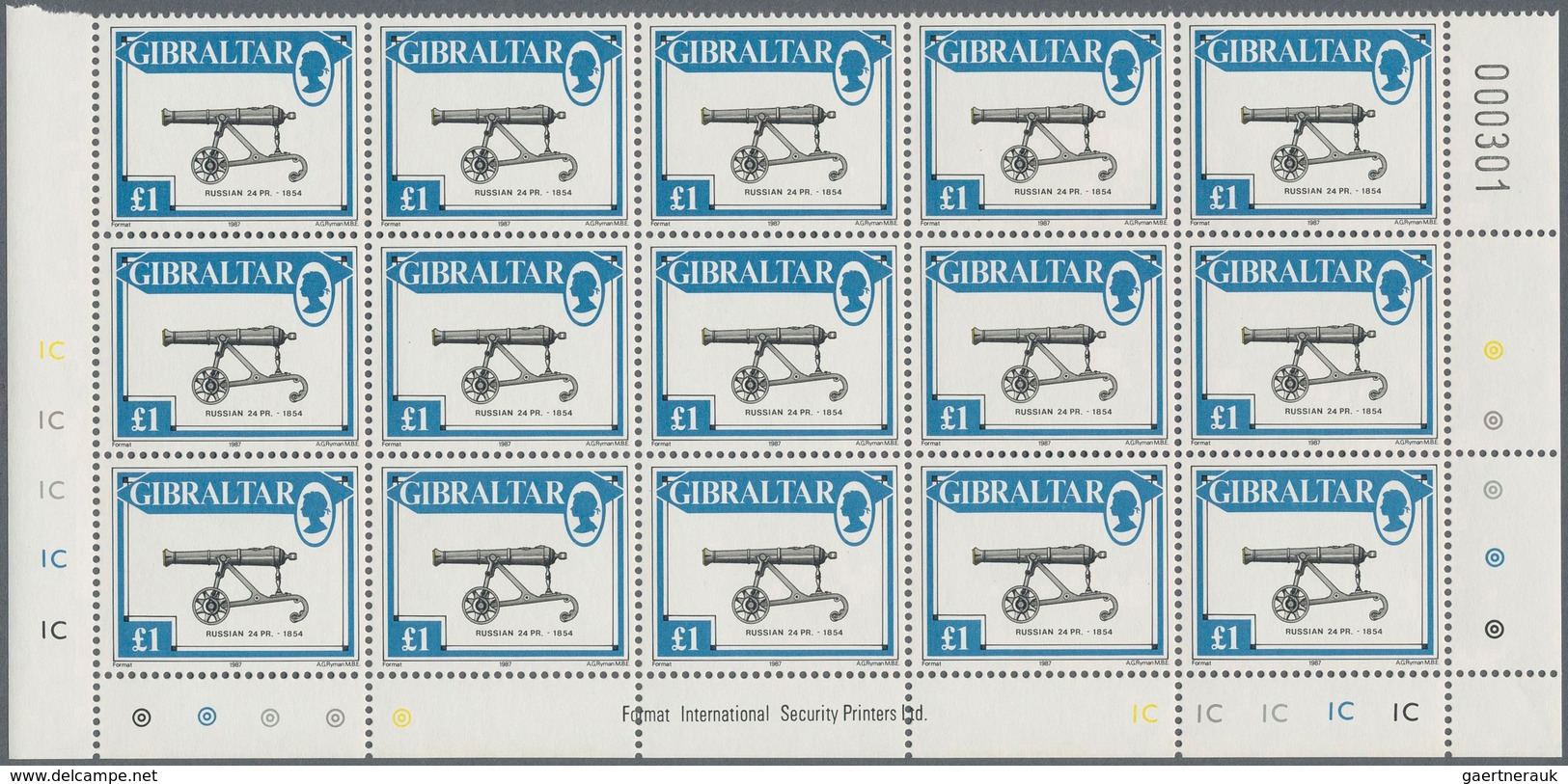 Gibraltar: 1987. Lot of 1,000 complete definitives set CANNONS (13 values). Mint, NH. (Michel 32,000