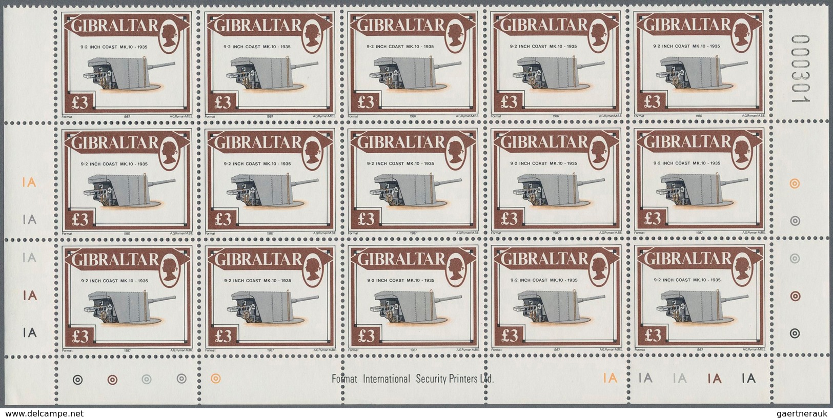 Gibraltar: 1987. Lot of 1,000 complete definitives set CANNONS (13 values). Mint, NH. (Michel 32,000