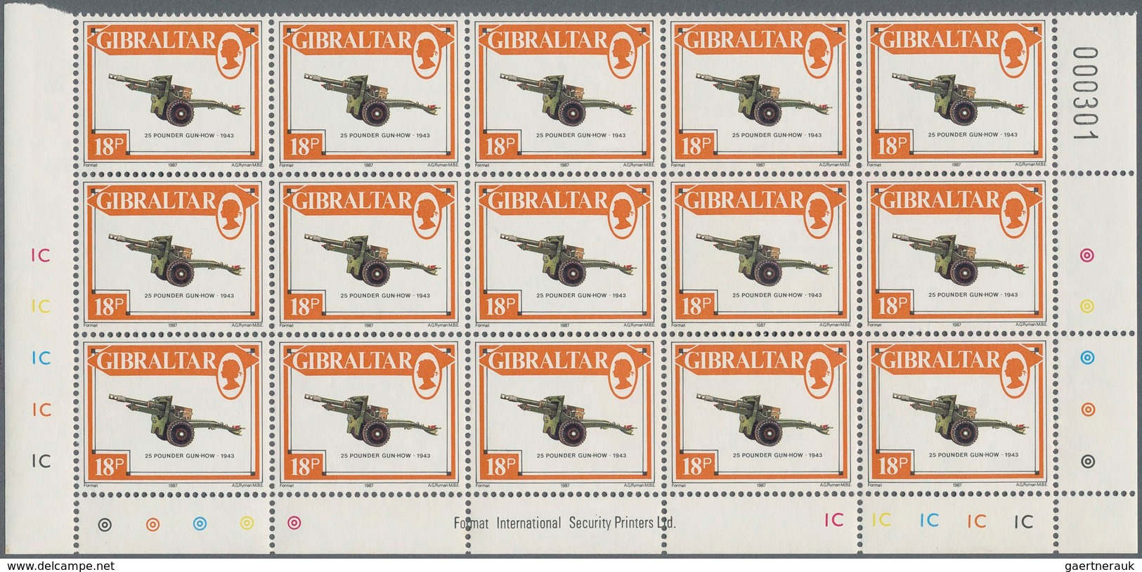 Gibraltar: 1987. Lot of 1,000 complete definitives set CANNONS (13 values). Mint, NH. (Michel 32,000