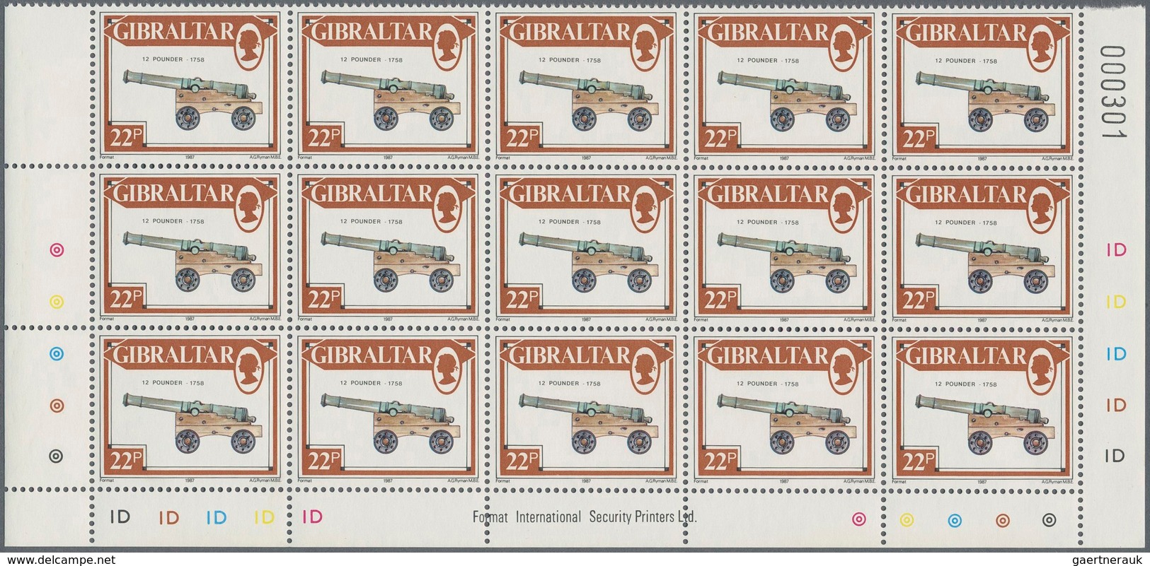 Gibraltar: 1987. Lot of 1,000 complete definitives set CANNONS (13 values). Mint, NH. (Michel 32,000