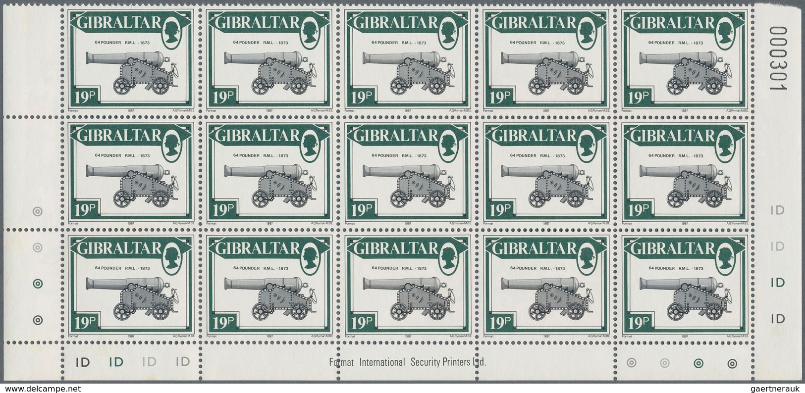 Gibraltar: 1987. Lot of 1,000 complete definitives set CANNONS (13 values). Mint, NH. (Michel 32,000